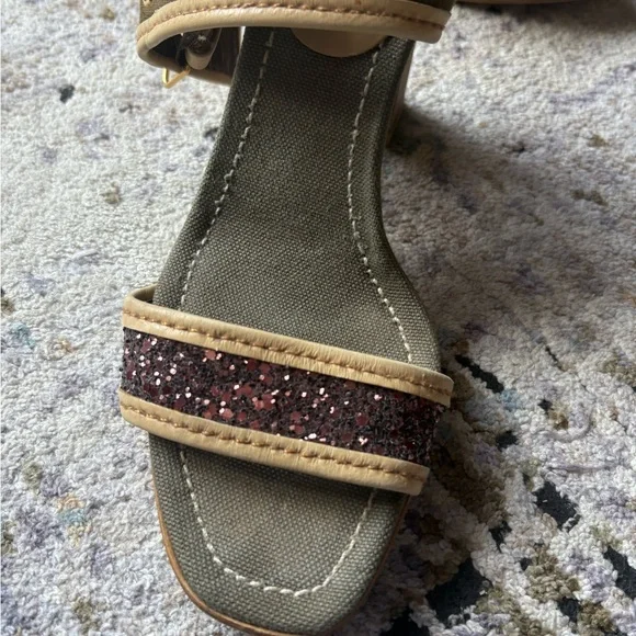 Y2K MIU MIU Double Buckle, Leather & Glitter, Olive Canvas Heels - Picture 5 of 16